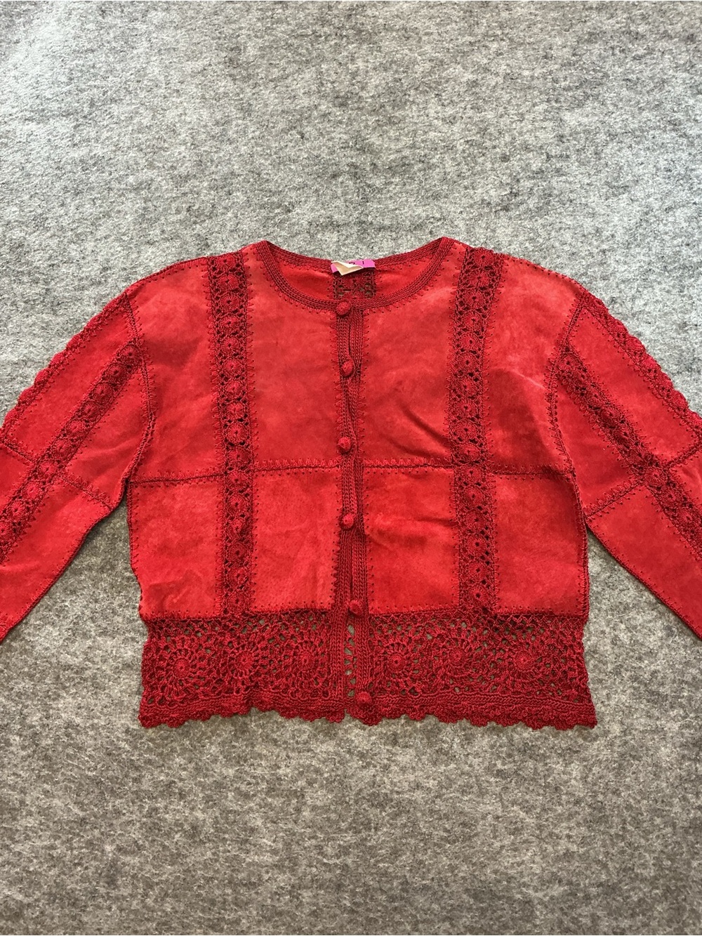 IDI Vintage Patchwork Women’s Red Crochet-Trim Button Cardigan Size M